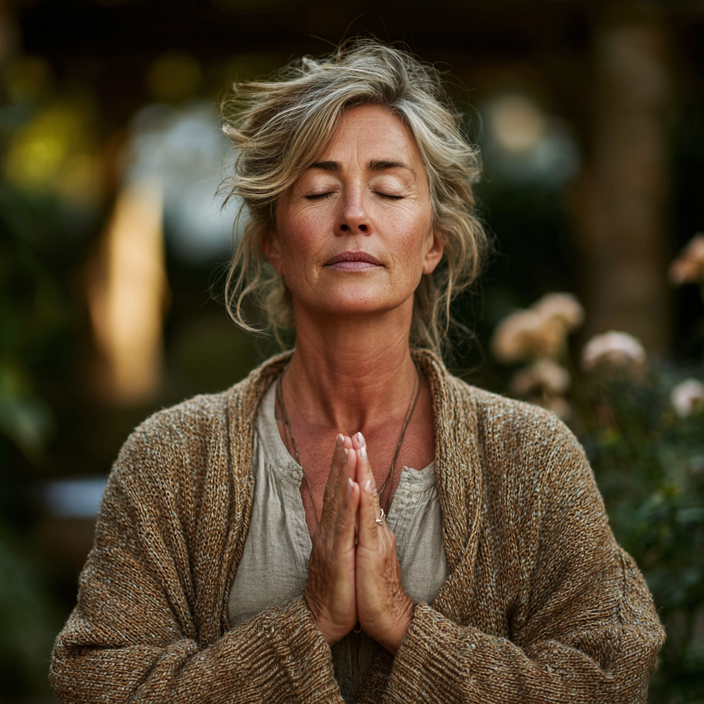 Peaceful middle-aged woman in her late 40s practicing yoga in a serene garden setting, wearing comfortable earth-tone clothing, with soft natural lighting