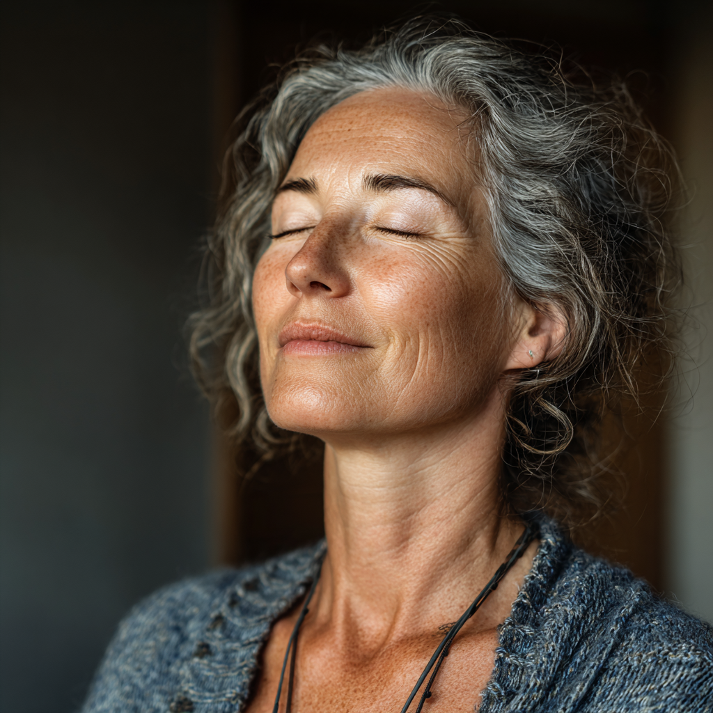Peaceful woman in her early 50s practicing breathing techniques in a quiet indoor space, with closed eyes and serene expression, demonstrating mindful breathing
