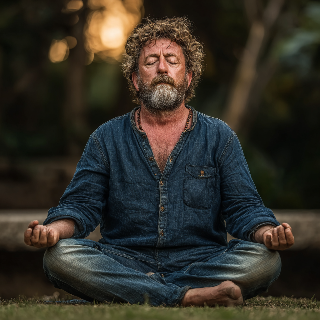 Serene man around 50 years old meditating in lotus position outdoors, surrounded by natural elements, expressing deep inner peace and mindfulness